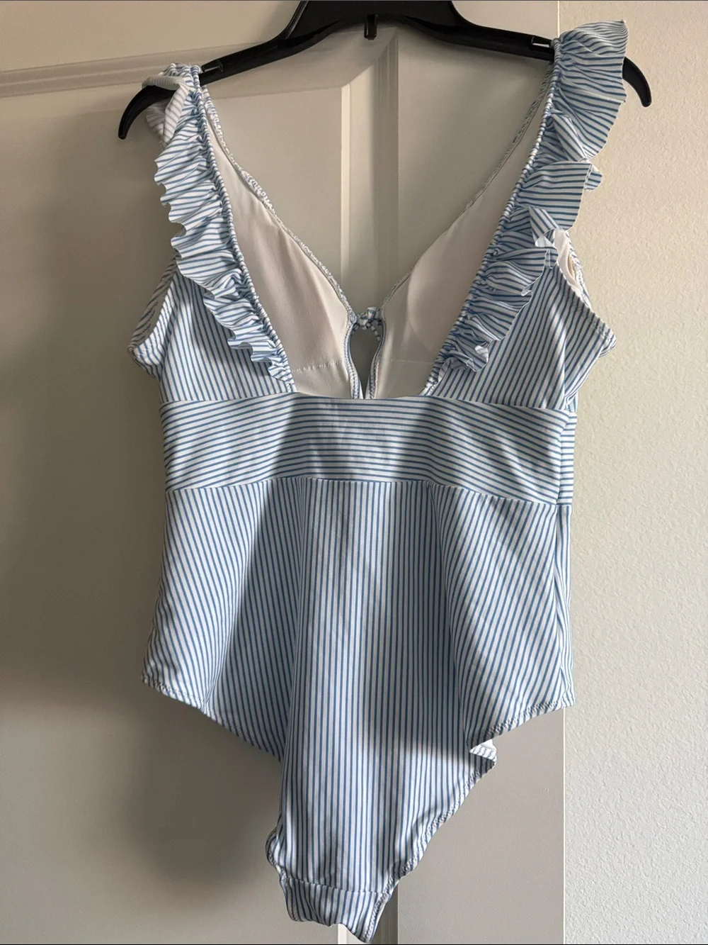 Ruffled V-Neck Blue Stripe One-Piece Swimsuit for Women